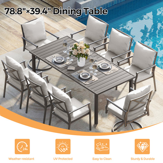 HAPPATIO Patio Dining Set, Metal Outdoor Table and Chairs  Ser, Powder-Coated Metal Chairs with Thickened Cushions, Rectangular Table with Umbrella Hole for Deck Backyard Lawn