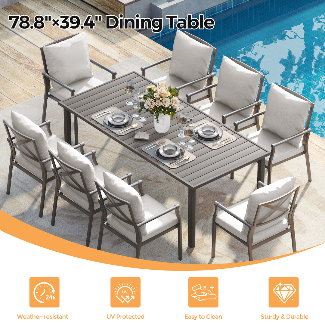 HAPPATIO Patio Dining Set, Metal Outdoor Table and Chairs  Ser, Powder-Coated Metal Chairs with Thickened Cushions, Rectangular Table with Umbrella Hole for Deck Backyard Lawn