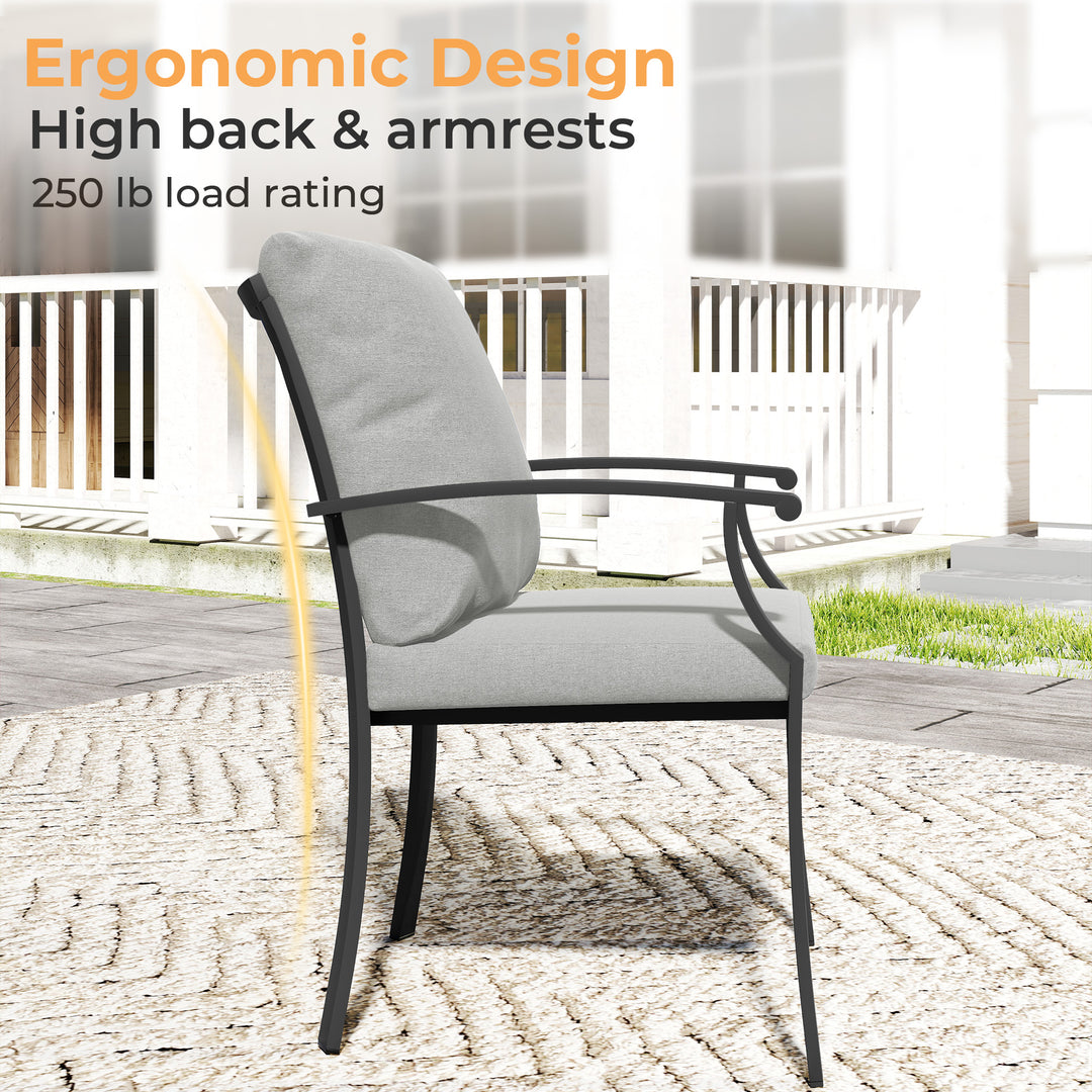 HAPPATIO Patio Dining Set, Outdoor Dining Set with Powder-Coated Metal, Table with Umbrella Hole, Stackable Chairs with Removable Cushions for Porch Poolside Garden