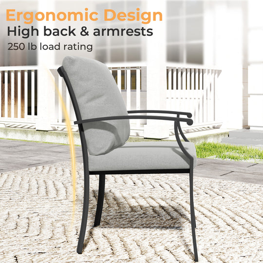 HAPPATIO Patio Dining Set, Outdoor Dining Set with Powder-Coated Metal, Table with Umbrella Hole, Stackable Chairs with Removable Cushions for Porch Poolside Garden