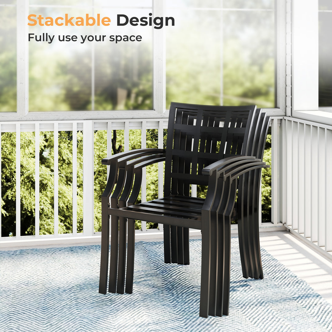 HAPPATIO Patio Dining Set, Outdoor Dining Set with Powder-Coated Metal, Table with Umbrella Hole, Stackable Chairs with Removable Cushions for Porch Poolside Garden