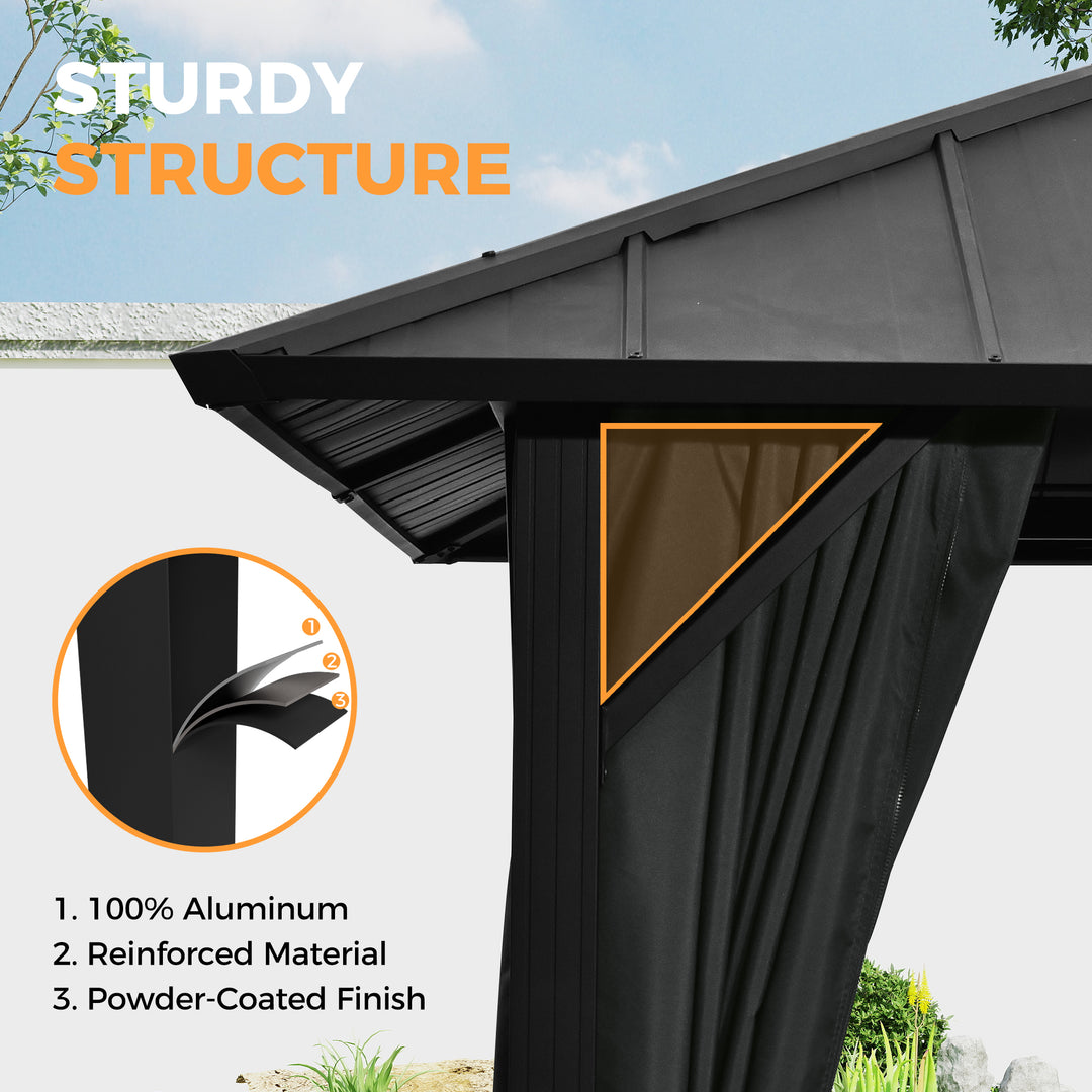 HAPPATIO Outdoor Gazebo with Hardtop Roof, Double Galvanized Steel Roof Canopy with Aluminum Frame, Curtains and Netting for Patio, Backyard, Deck, Lawn, Grey, Easy Assembly