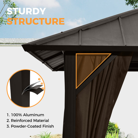 HAPPATIO Outdoor Gazebo with Hardtop Roof, Double Galvanized Steel Roof Canopy with Aluminum Frame, Curtains and Netting for Patio, Backyard, Deck, Lawn, Grey, Easy Assembly