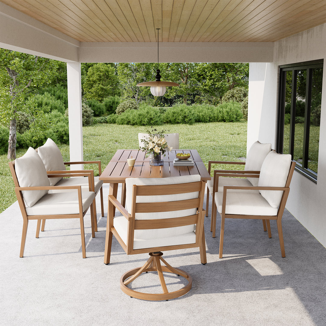 HAPPATIO Outdoor Dining Set,  Aluminum Patio Dining Set with Wood-Like Hand-Painted Finish, Dining Chairs with Waterproof Cushions, Easy Assembly for Backyard, Garden, Porch