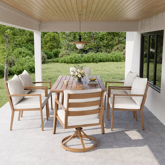 HAPPATIO Outdoor Dining Set,  Aluminum Patio Dining Set with Wood-Like Hand-Painted Finish, Dining Chairs with Waterproof Cushions, Easy Assembly for Backyard, Garden, Porch