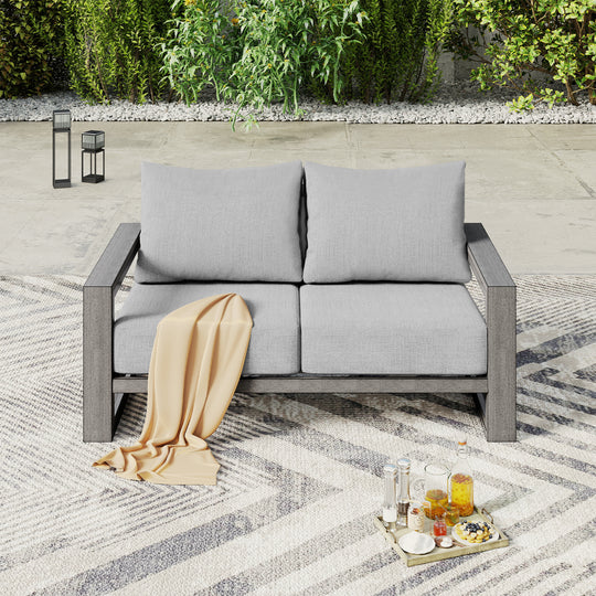 HAPPATIO Aluminum Patio Furniture Set, Oversized Outdoor Sofa with Deep Seating and Wide Armrest, Hand-brushed Aluminum Frame with 6" Cushion