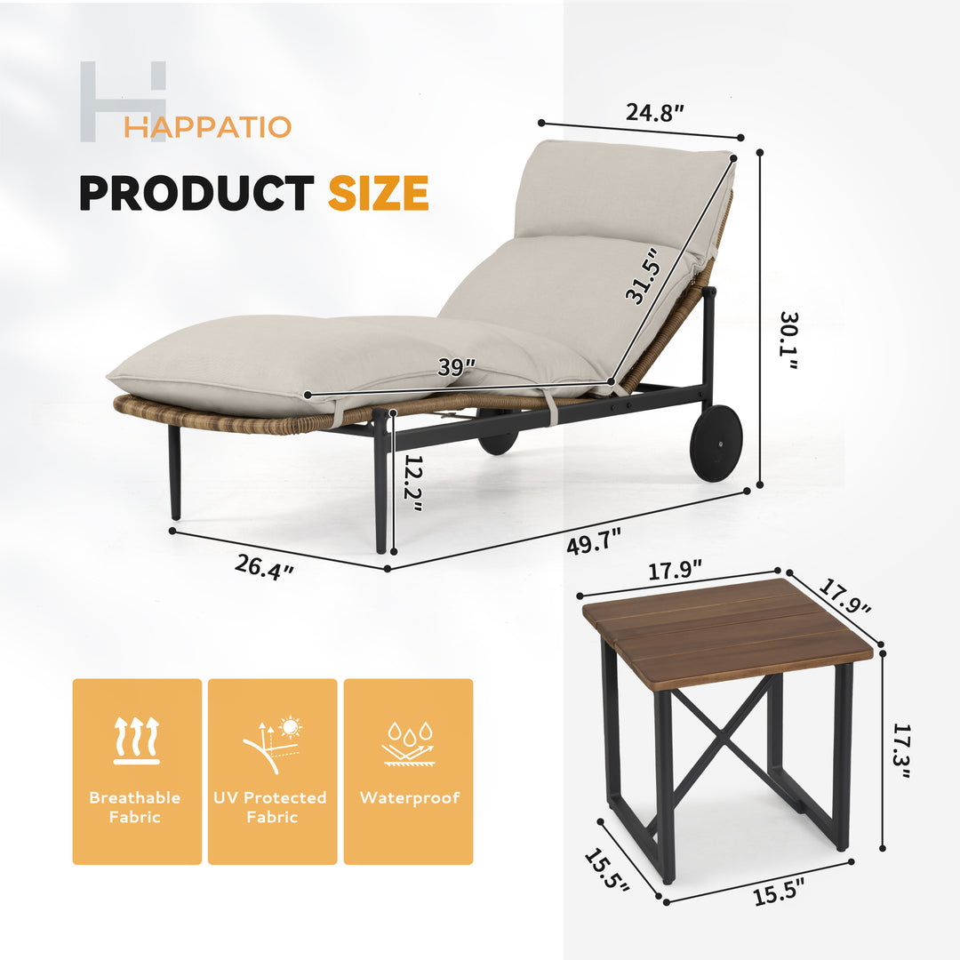 HAPPATIO Patio Chaise Lounge Set, Wicker Outdoor Lounge Chairs and Wood Side Table with Aluminum Frame,Thick Removable Cushion, All-Weather Outdoor Reclining Chair with Wheels,for Pool Deck Porch
