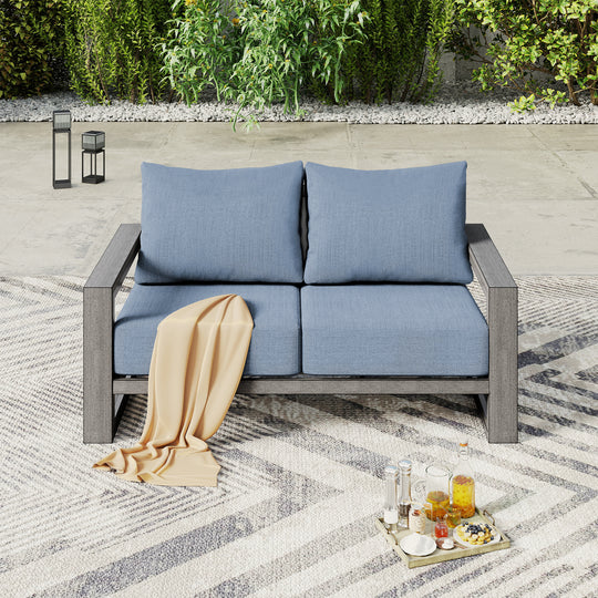 HAPPATIO Aluminum Patio Furniture Set, Oversized Outdoor Sofa with Deep Seating and Wide Armrest, Hand-brushed Aluminum Frame with 6" Cushion
