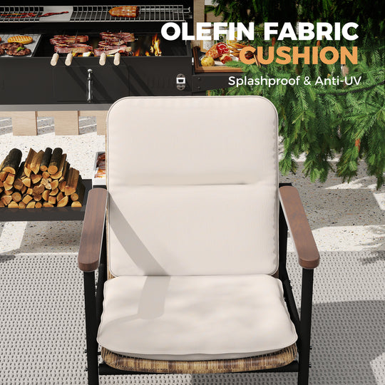 HAPPATIO 7 Piece Patio Dining Set Outdoor, 6 Wicker Chairs with Aluminum Frame and Olefin Cushions, Large Wooden Dining Table with Umbrella Hole,Patio Table and Chairs for Backyard Garden Porch