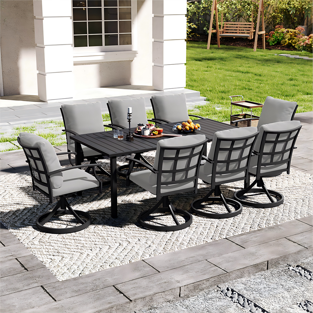 HAPPATIO Patio Dining Set, Outdoor Dining Set with Powder-Coated Metal, Table with Umbrella Hole, Stackable Chairs with Removable Cushions for Porch Poolside Garden