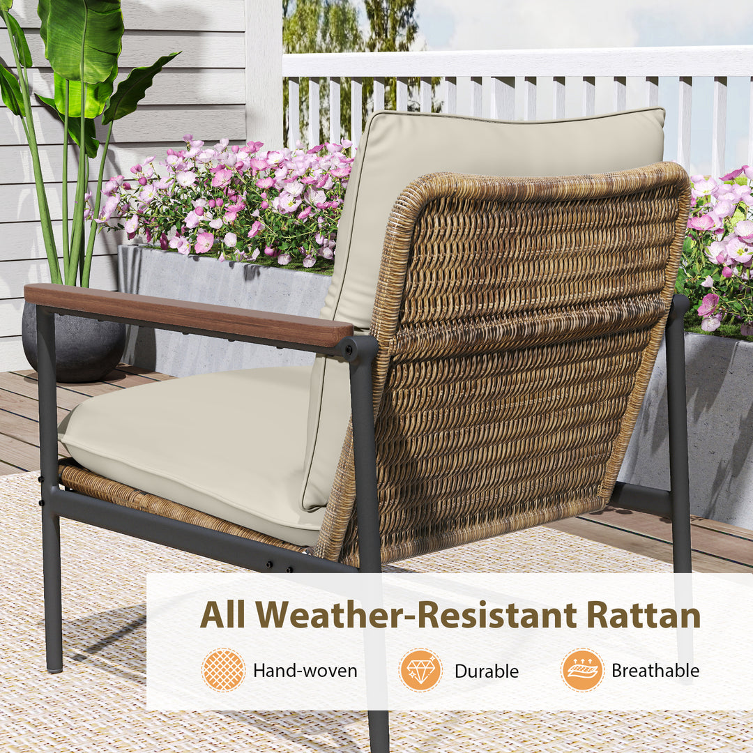 HAPPATIO Outdoor Furniture Set, Patio Aluminum Conversation Set with Wicker Seat and Acacia Wood Armrest, Removable Thick Olefin Cushion for Garden Lawn Backyard
