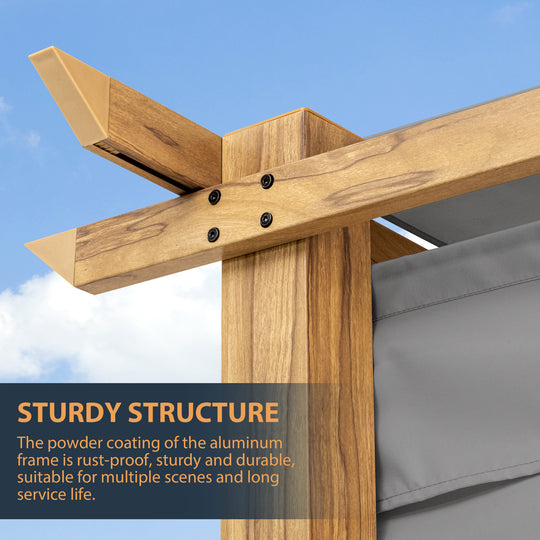 HAPPATIO Retractable Pergola Canopy for Backyard, Garden, Patio; Woodgrain-Look Aluminum Frame with Retractable Pergola Canopy, Includes Anchors and Expansion Screws