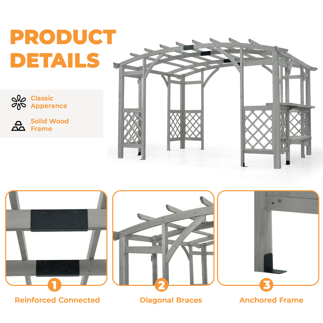 HAPPATIO 10' x 14' Pergola Outdoor, Wooden Pergola Grape Trellis with Bar Counter, Solid Wood Stable Structure with Arched Top Gazebo for Climbing Plant Support, Garden, Patio, Backyard