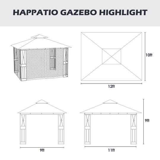 HAPPATIO 10' X 12' Patio Gazebo with Ventilation Double Roof，Outdoor Soft Top Gazebo with Mosquito Netting for Lawn, Garden