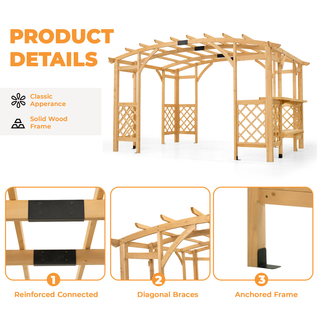 HAPPATIO 10' x 14' Pergola Outdoor, Wooden Pergola Grape Trellis with Bar Counter, Solid Wood Stable Structure with Arched Top Gazebo for Climbing Plant Support, Garden, Patio, Backyard