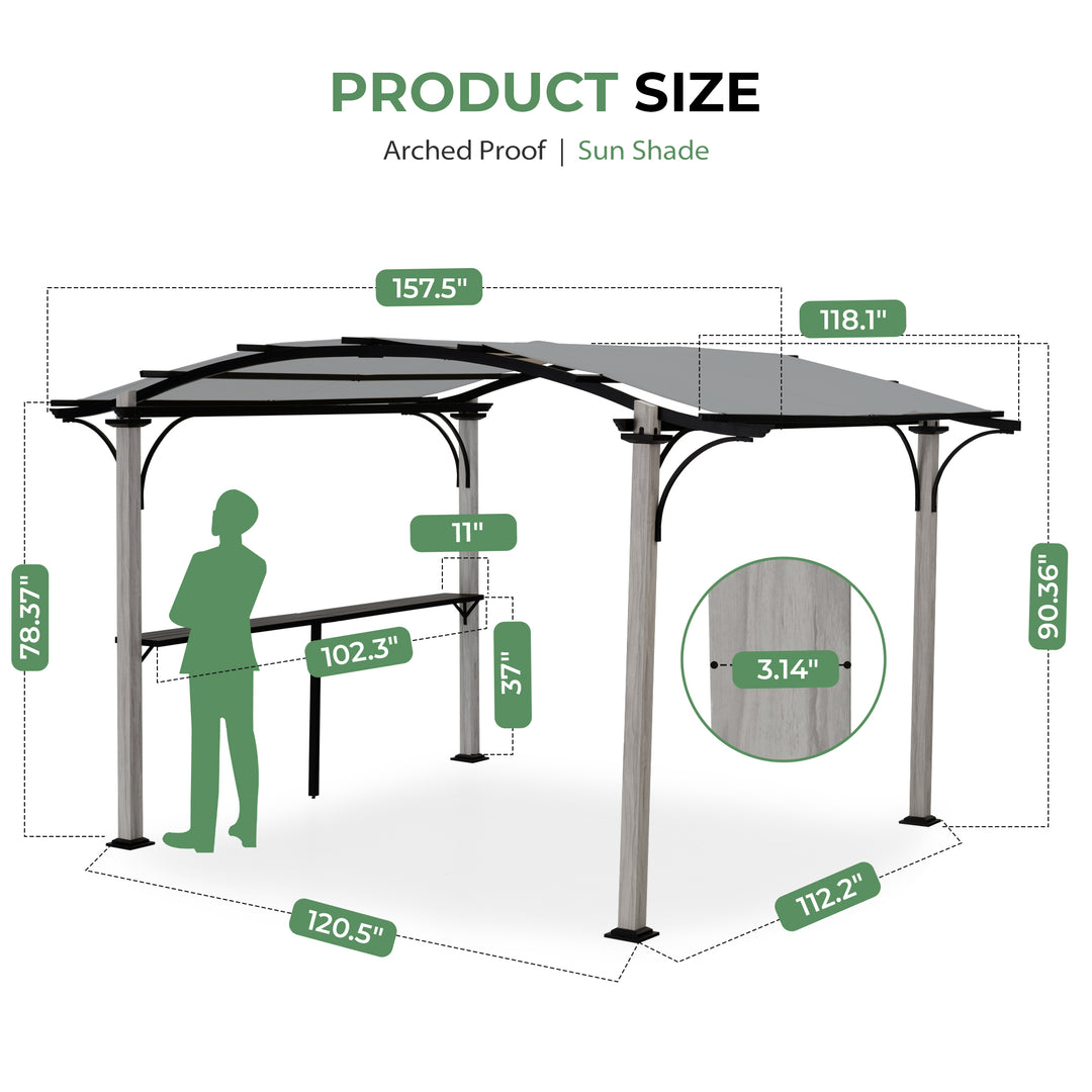 HAPPATIO 10' x 13' Arched Top Outdoor Pergola, Aluminum Frame with Storage Shelf, Wood-Like Frame Patio Pergola Shade for Patio, Backyard, Garden, Poolside, Beige