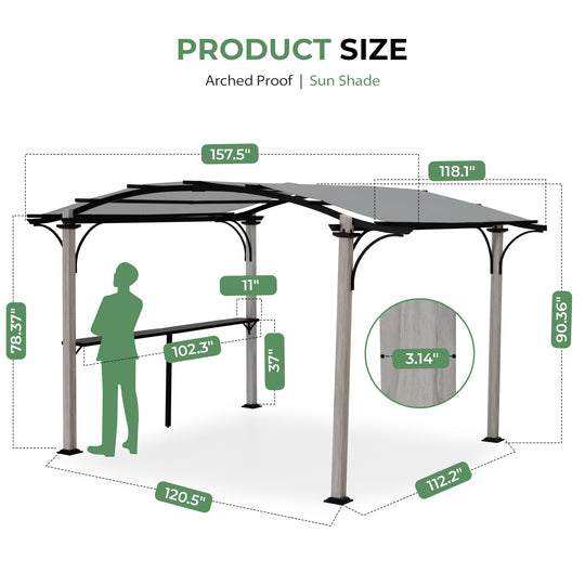 HAPPATIO 10' x 13' Arched Top Outdoor Pergola, Aluminum Frame with Storage Shelf, Wood-Like Frame Patio Pergola Shade for Patio, Backyard, Garden, Poolside, Beige