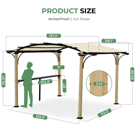 HAPPATIO 10' x 13' Arched Top Outdoor Pergola, Aluminum Frame with Storage Shelf, Wood-Like Frame Patio Pergola Shade for Patio, Backyard, Garden, Poolside, Beige