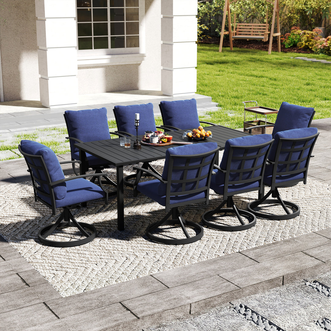 HAPPATIO Patio Dining Set, Outdoor Dining Set with Powder-Coated Metal, Table with Umbrella Hole, Stackable Chairs with Removable Cushions for Porch Poolside Garden
