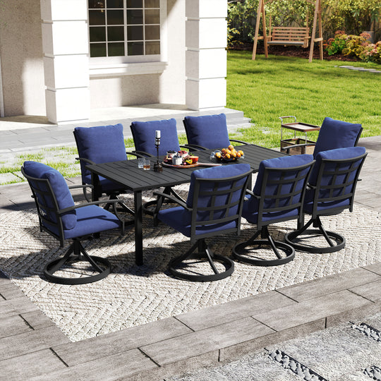 HAPPATIO Patio Dining Set, Outdoor Dining Set with Powder-Coated Metal, Table with Umbrella Hole, Stackable Chairs with Removable Cushions for Porch Poolside Garden