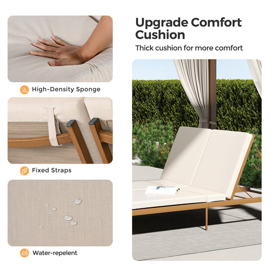 HAPPATIO Outdoor Patio Daybed with Retractable Canopy Bed,Patio Chaise Lounge with Adjustable Backrest, Wood-Like Aluminum Frame with Cushion & Curtain, Outdoor Chaise for Outside Pool, Garden