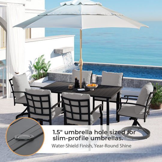 HAPPATIO Patio Dining Set, Outdoor Dining Set with Powder-Coated Metal, Table with Umbrella Hole, Stackable Chairs with Removable Cushions for Porch Poolside Garden