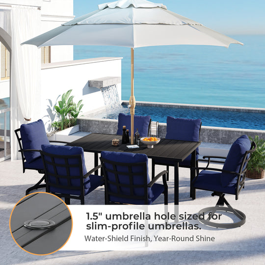 HAPPATIO Patio Dining Set, Outdoor Dining Set with Powder-Coated Metal, Table with Umbrella Hole, Stackable Chairs with Removable Cushions for Porch Poolside Garden