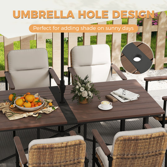 HAPPATIO 9 Piece Patio Dining Set Outdoor, 8 Wicker Chairs with Aluminum Frame and Olefin Cushions, Large Wooden Dining Table with Umbrella Hole,Patio Table and Chairs for Backyard Garden Porch