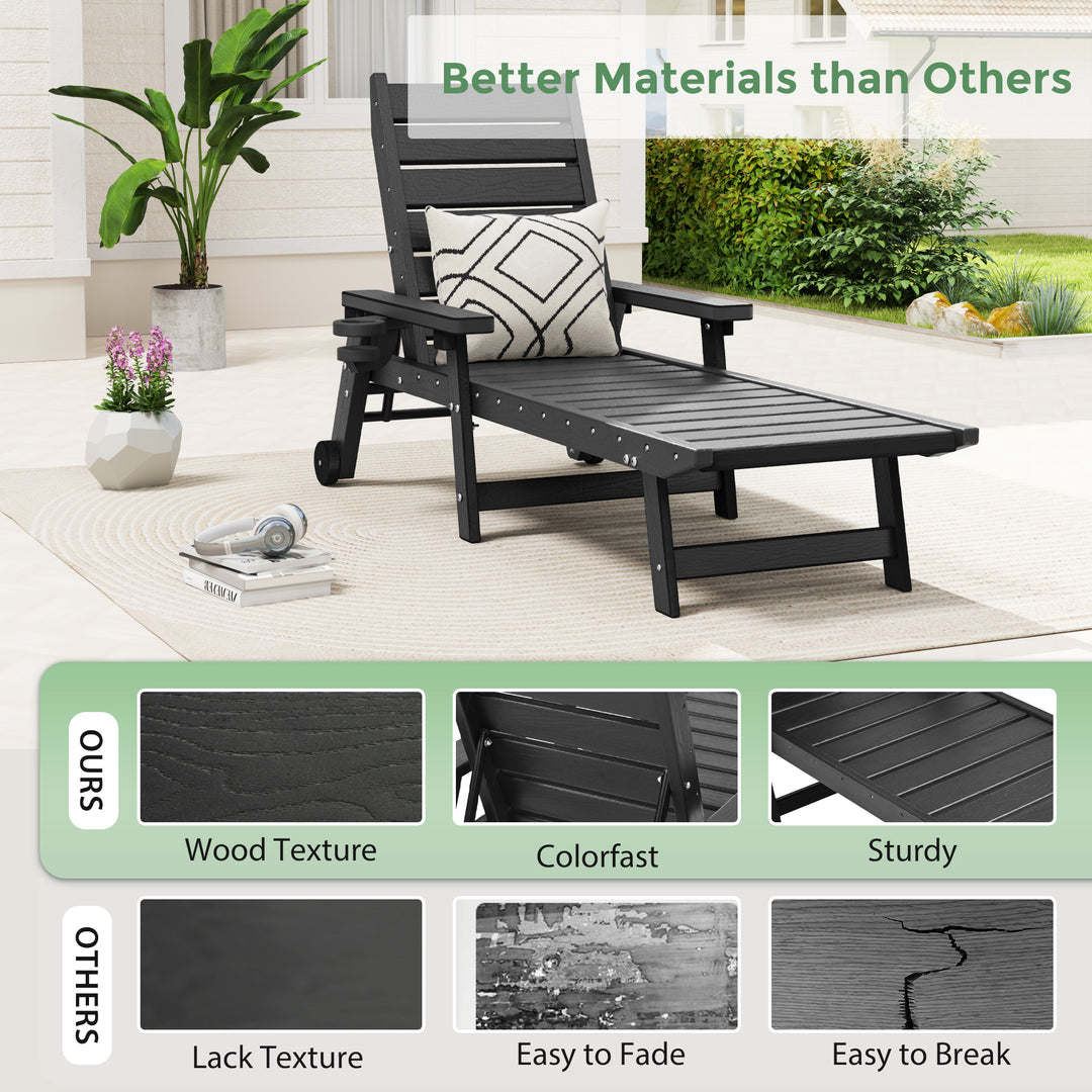 HAPPATIO Outdoor Lounge Chair, HDPE Chaise Lounge 5-Level Adjustable Backrest, Pool Lounge Chair with Wheels and Cup Holder, Waterproof Pool Plastic Recliner Chair for Patio Beach Poolside