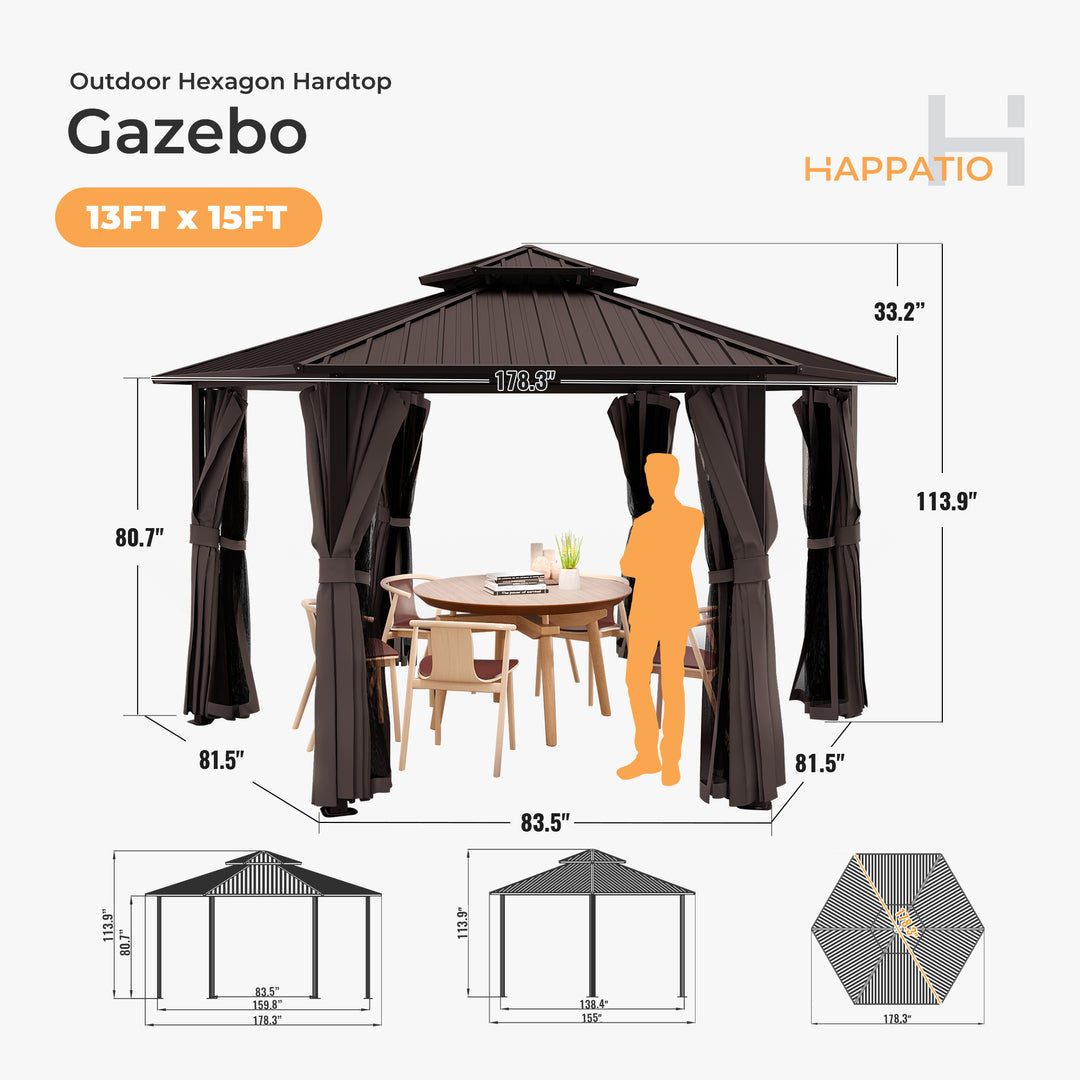 HAPPATIO 13' x 15' Hardtop Gazebo, Outdoor Hexagonal Gazebo with Galvanized Steel Roof, Aluminum Frame with Curtains and Netting, Metal Permanent Gazebos for Patios, Gardens
