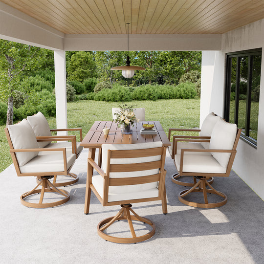 HAPPATIO Outdoor Dining Set,  Aluminum Patio Dining Set with Wood-Like Hand-Painted Finish, Dining Chairs with Waterproof Cushions, Easy Assembly for Backyard, Garden, Porch