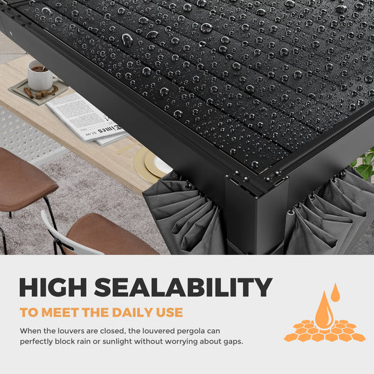 HAPPATIO Outdoor Louvered Pergola, Metal Pergola with Adjustable Rainproof Roof, Patio Pergola with Curtains and Mosquito Nets