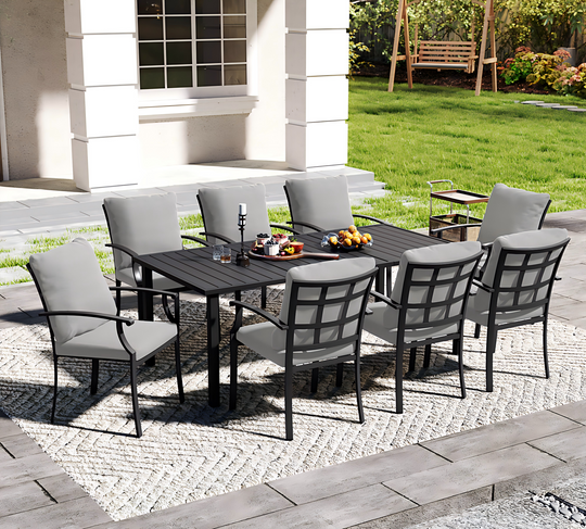 HAPPATIO Patio Dining Set, Outdoor Dining Set with Powder-Coated Metal, Table with Umbrella Hole, Stackable Chairs with Removable Cushions for Porch Poolside Garden