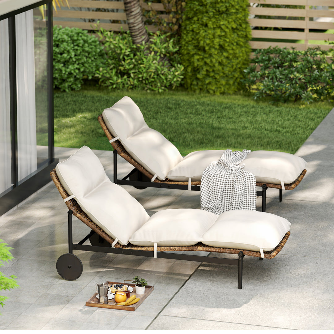 HAPPATIO 2Pcs Patio Chaise Lounge Chairs, Wicker Outdoor Lounge Chairs Set of 2 with Aluminum Frame, Thick Removable Cushion, All-Weather Outdoor Reclining Chair with Wheels for Pool Deck Porch Backyard