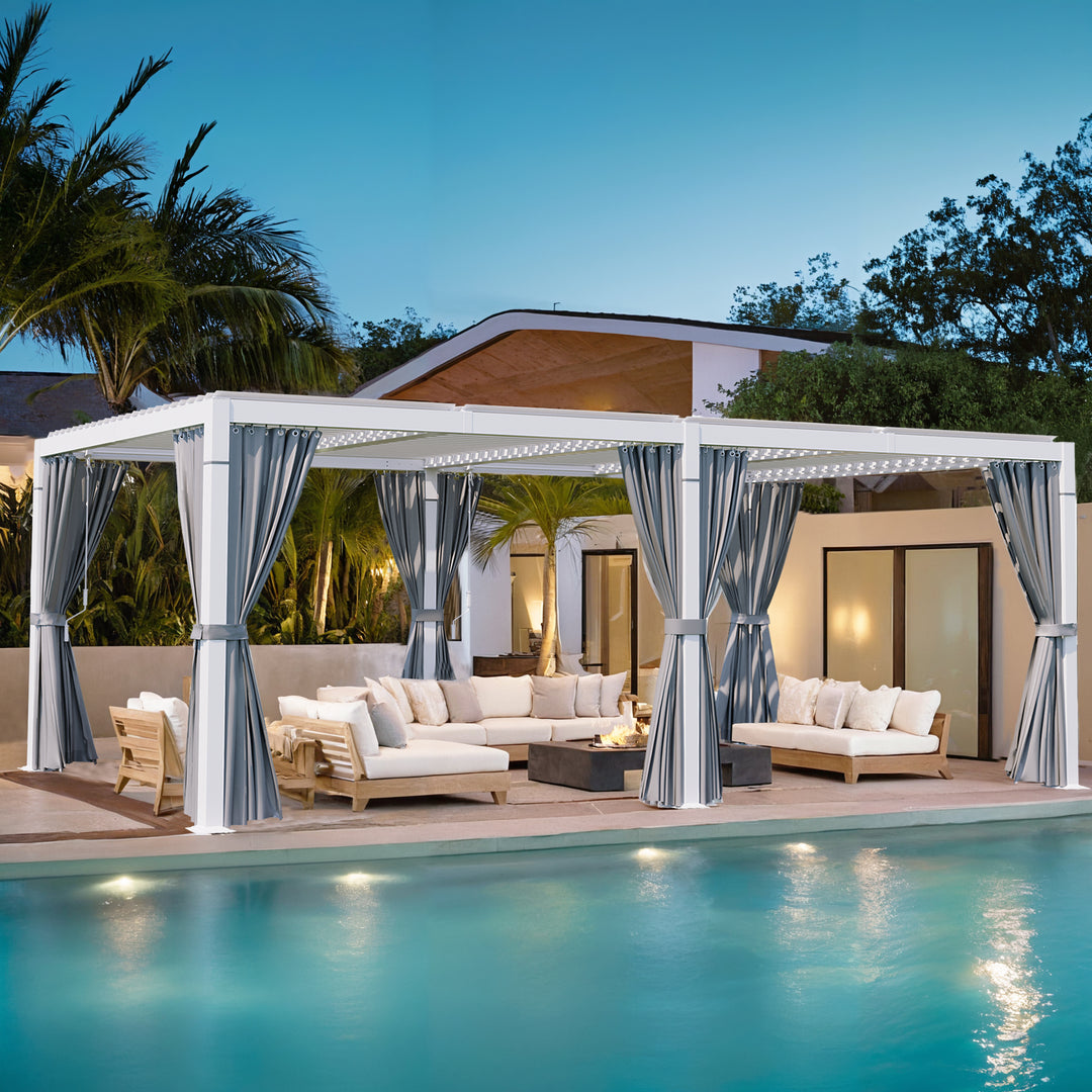 HAPPATIO Outdoor Louvered Pergola, Metal Pergola with Adjustable Rainproof Roof, Patio Pergola with Curtains and Mosquito Nets