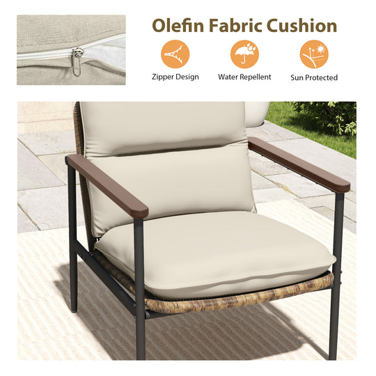 HAPPATIO Outdoor Furniture Set, Patio Aluminum Conversation Set with Wicker Seat and Acacia Wood Armrest, Removable Thick Olefin Cushion for Garden Lawn Backyard