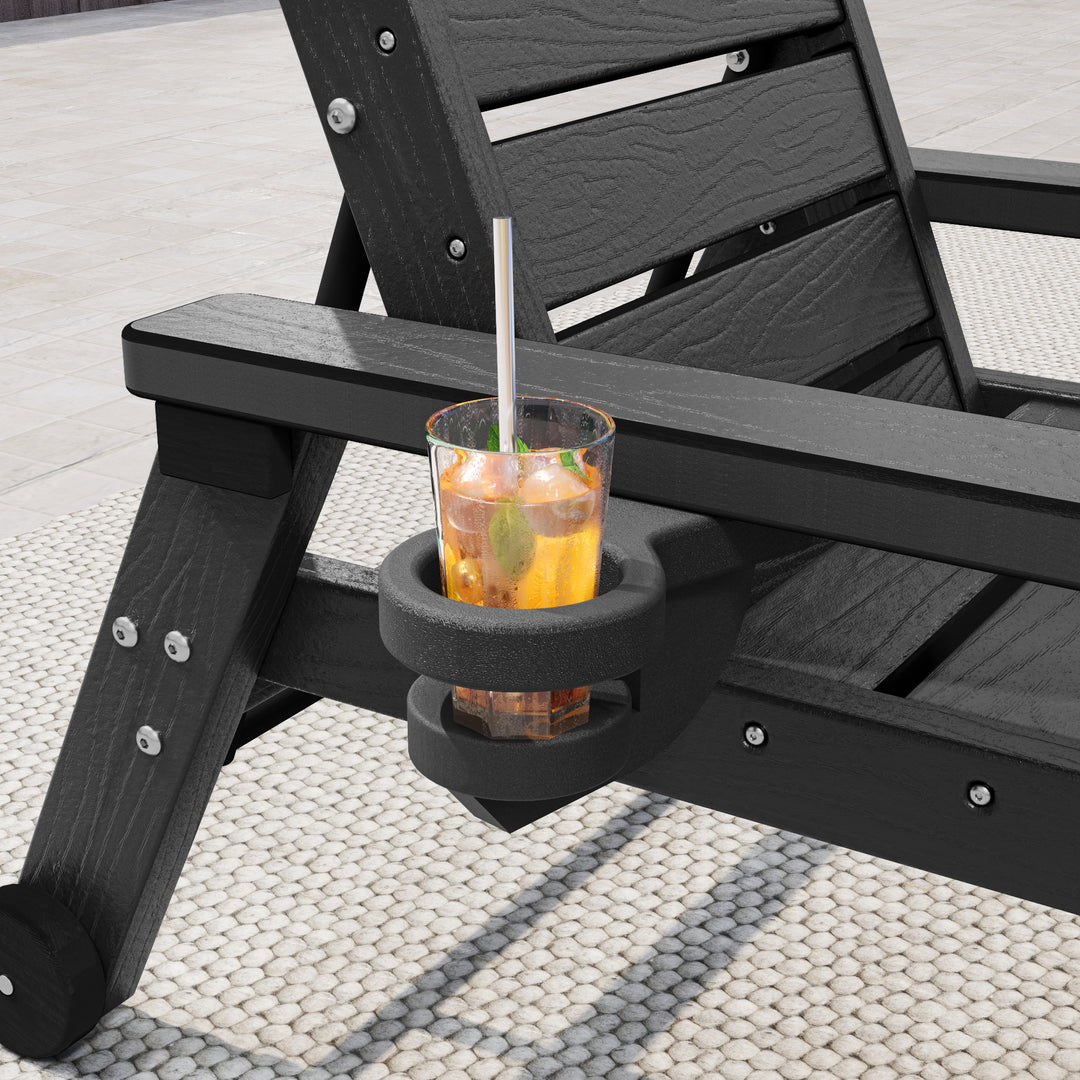 HAPPATIO Outdoor Lounge Chair, HDPE Chaise Lounge 5-Level Adjustable Backrest, Pool Lounge Chair with Wheels and Cup Holder, Waterproof Pool Plastic Recliner Chair for Patio Beach Poolside