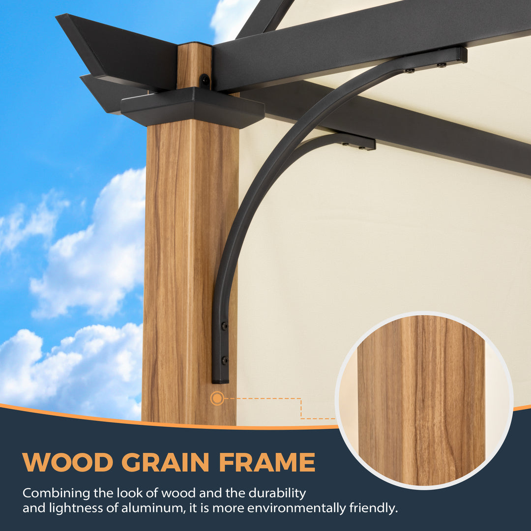 HAPPATIO 10' X 13' Outdoor Pergola with Sling Retractable Canopy and Woodgrain Aluminum Frame, Arched Pergola for Patio, Deck, Backyard, Garden