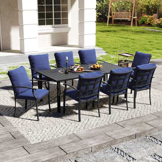 HAPPATIO Patio Dining Set, Outdoor Dining Set with Powder-Coated Metal, Table with Umbrella Hole, Stackable Chairs with Removable Cushions for Porch Poolside Garden