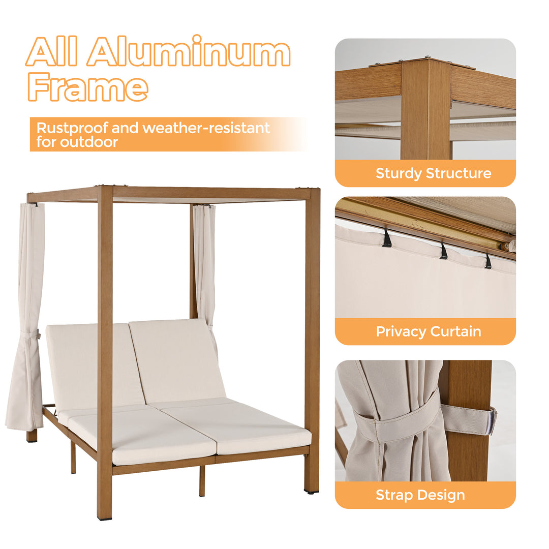 HAPPATIO Outdoor Patio Daybed with Retractable Canopy Bed,Patio Chaise Lounge with Adjustable Backrest, Wood-Like Aluminum Frame with Cushion & Curtain, Outdoor Chaise for Outside Pool, Garden