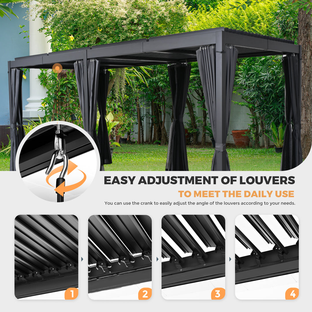 HAPPATIO Outdoor Louvered Pergola, Metal Pergola with Adjustable Rainproof Roof, Patio Pergola with Curtains and Mosquito Nets
