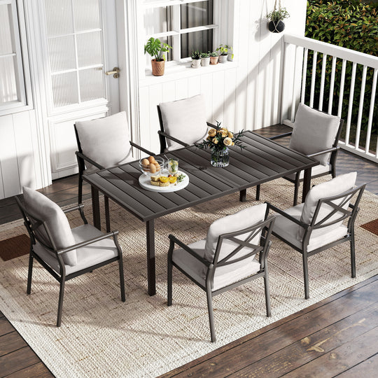 HAPPATIO Patio Dining Set, Metal Outdoor Table and Chairs  Ser, Powder-Coated Metal Chairs with Thickened Cushions, Rectangular Table with Umbrella Hole for Deck Backyard Lawn