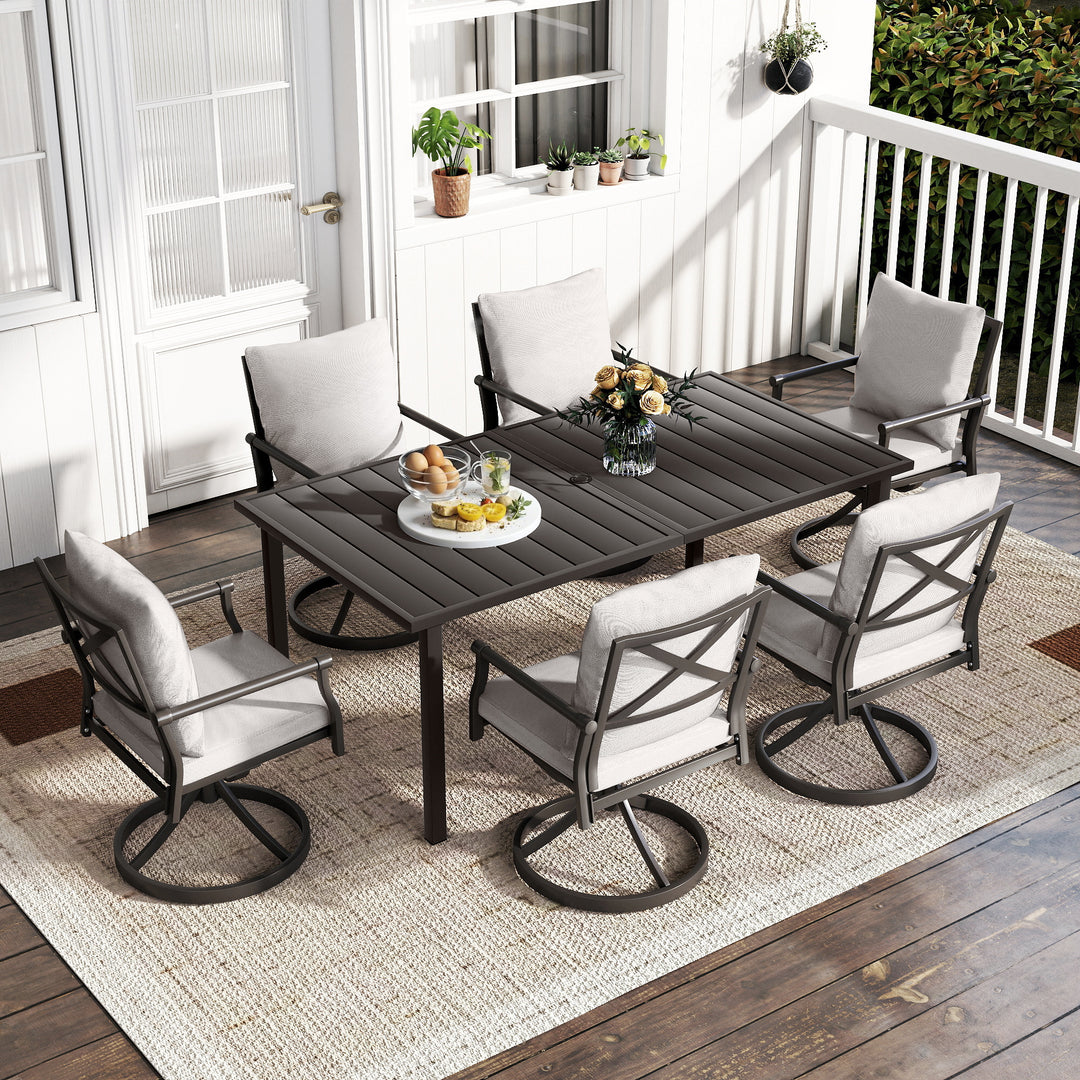 HAPPATIO Patio Dining Set, Metal Outdoor Table and Chairs  Ser, Powder-Coated Metal Chairs with Thickened Cushions, Rectangular Table with Umbrella Hole for Deck Backyard Lawn