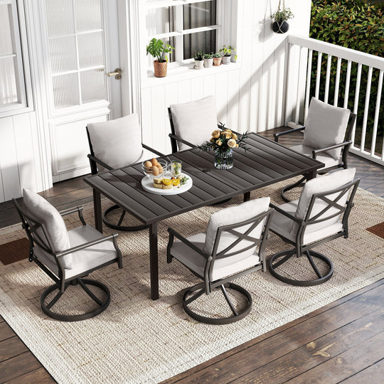 HAPPATIO Patio Dining Set, Metal Outdoor Table and Chairs  Ser, Powder-Coated Metal Chairs with Thickened Cushions, Rectangular Table with Umbrella Hole for Deck Backyard Lawn