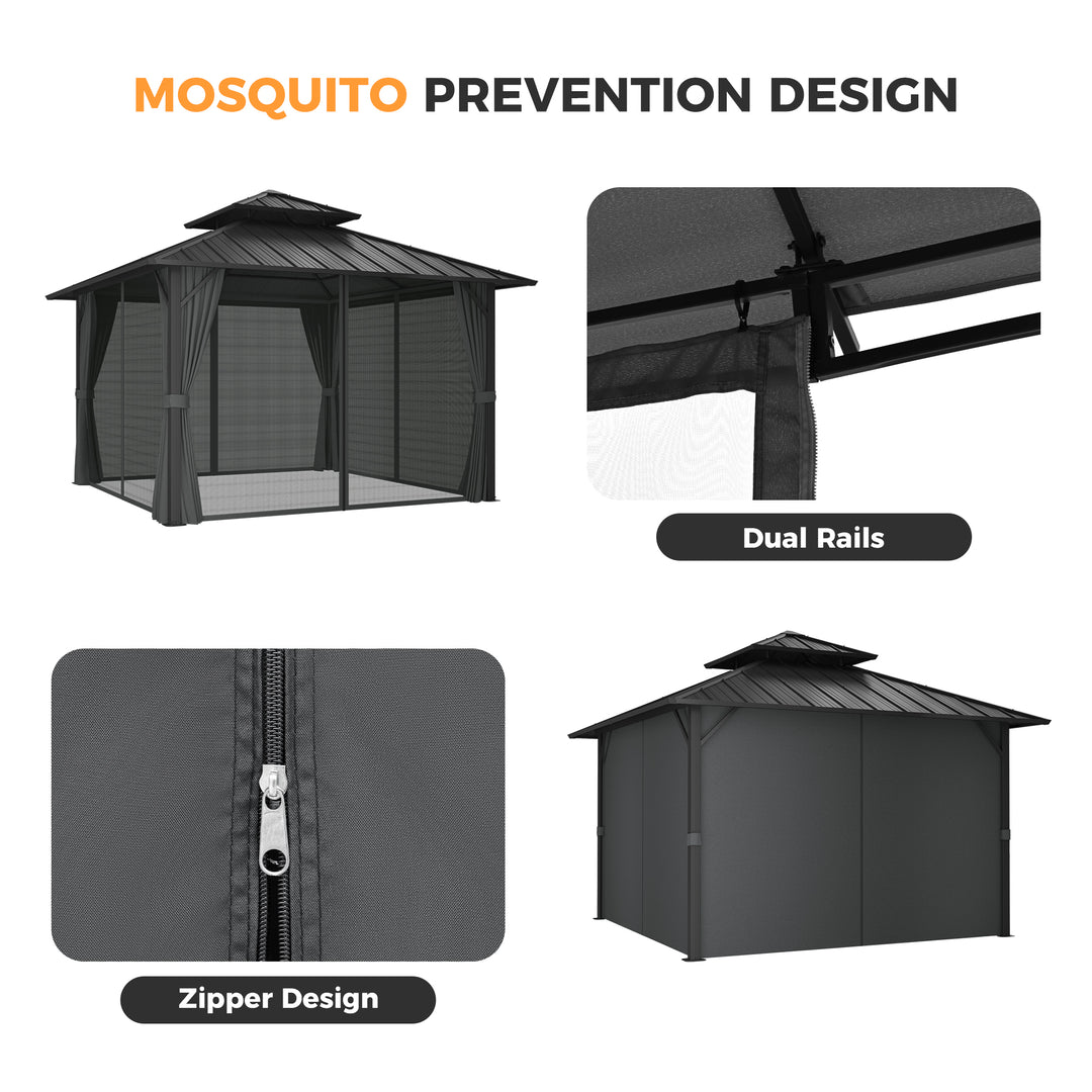 HAPPATIO Outdoor Gazebo with Hardtop Roof, Double Galvanized Steel Roof Canopy with Aluminum Frame, Curtains and Netting for Patio, Backyard, Deck, Lawn, Grey, Easy Assembly