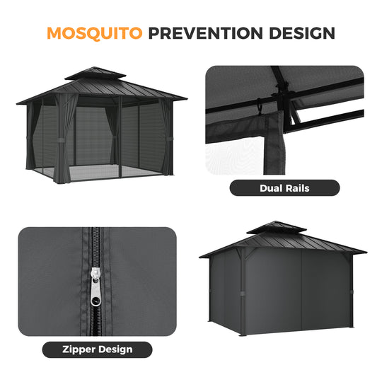 HAPPATIO Outdoor Gazebo with Hardtop Roof, Double Galvanized Steel Roof Canopy with Aluminum Frame, Curtains and Netting for Patio, Backyard, Deck, Lawn, Grey, Easy Assembly