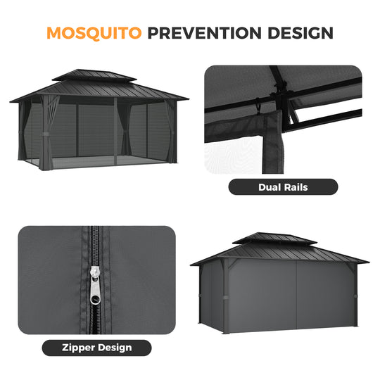 HAPPATIO Outdoor Gazebo with Hardtop Roof, Double Galvanized Steel Roof Canopy with Aluminum Frame, Curtains and Netting for Patio, Backyard, Deck, Lawn, Grey, Easy Assembly