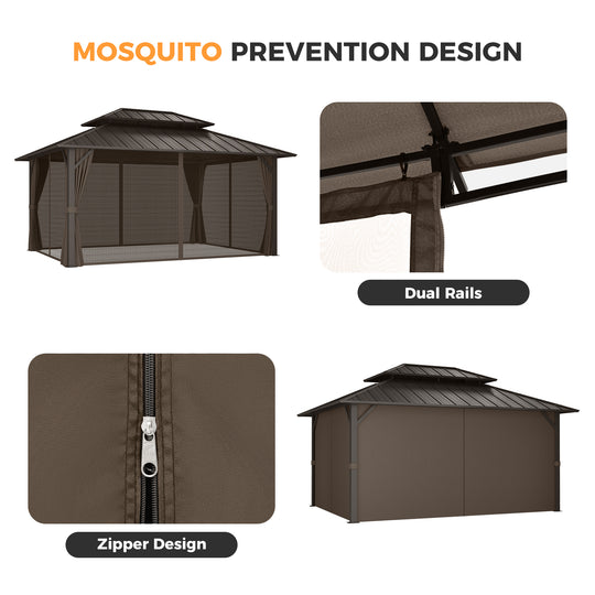 HAPPATIO Outdoor Gazebo with Hardtop Roof, Double Galvanized Steel Roof Canopy with Aluminum Frame, Curtains and Netting for Patio, Backyard, Deck, Lawn, Grey, Easy Assembly