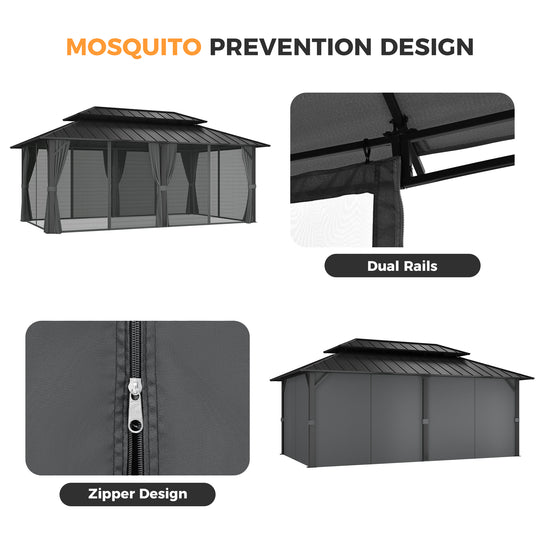 HAPPATIO Outdoor Gazebo with Hardtop Roof, Double Galvanized Steel Roof Canopy with Aluminum Frame, Curtains and Netting for Patio, Backyard, Deck, Lawn, Grey, Easy Assembly