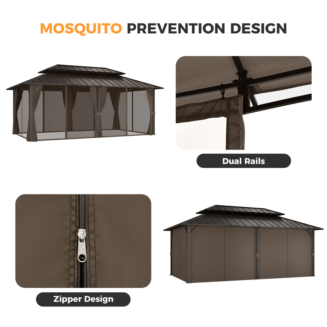 HAPPATIO Outdoor Gazebo with Hardtop Roof, Double Galvanized Steel Roof Canopy with Aluminum Frame, Curtains and Netting for Patio, Backyard, Deck, Lawn, Grey, Easy Assembly